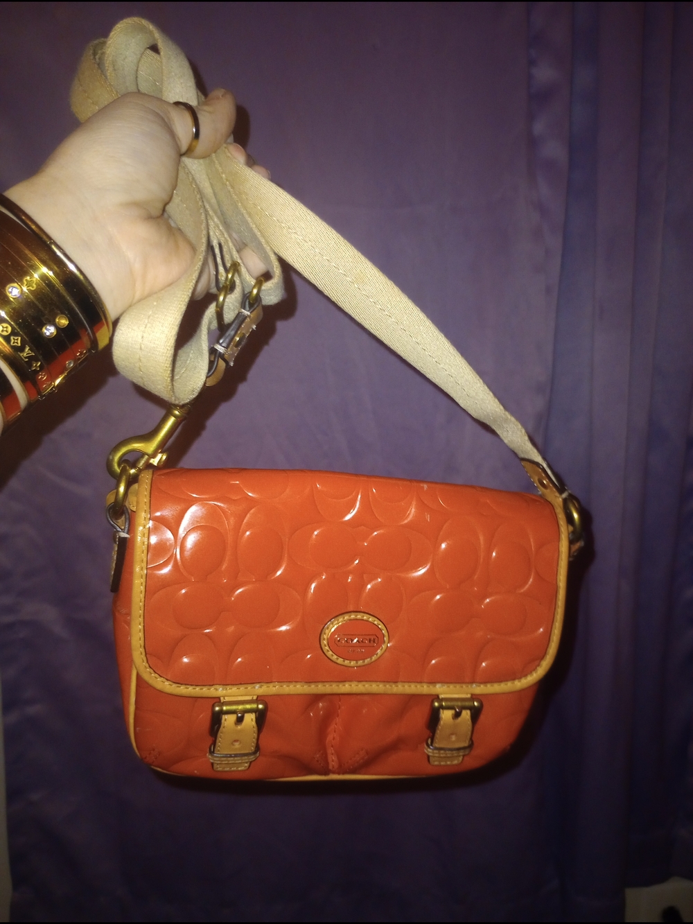 Coach F49082 Peyton Embossed Field Bag Papaya with tan strap and tan trim. - Picture 2 of 11